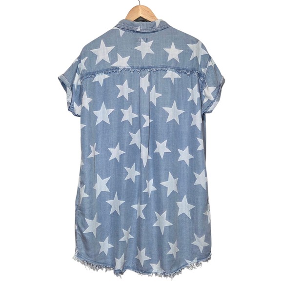 Easel Star Print Chambray Denim Midi Dress Frayed Hem Americana Western Size S - Picture 3 of 13